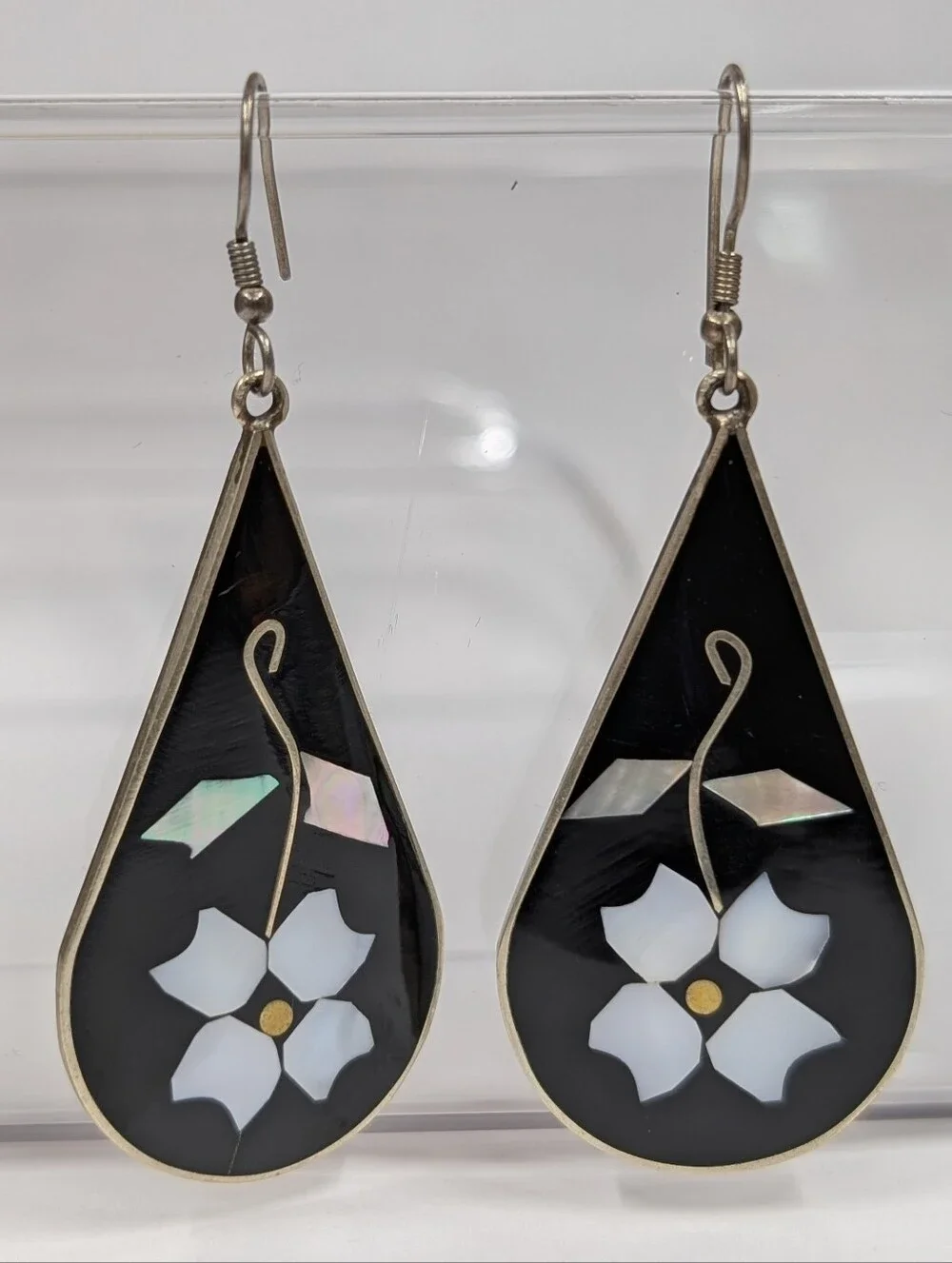 Vintage Alpaca Mexico Teardrop Black Flower Inlay Dangle Earrings